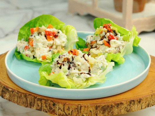 Foto Salată de pui cu merișoare și nuci pe frunze de salată