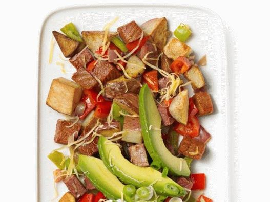 Foto din farfurie - cartofi fierți prăjiți cu carne de vită corned