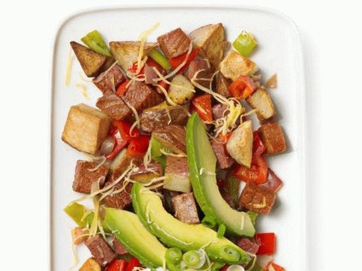 Foto cu cartofi prăjiți fierți cu carne de vită corned