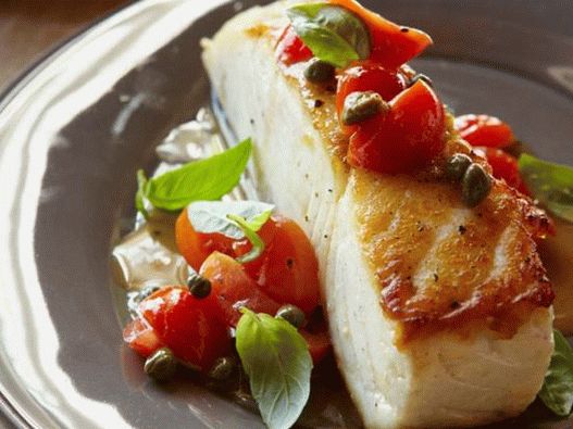 Halibut cu capere, roșii și semințe de dovleac